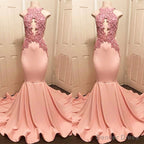 Halter Pink Lace Prom Gown Mermaid Prom Dresses