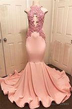 Halter Pink Lace Prom Gown Mermaid Prom Dresses