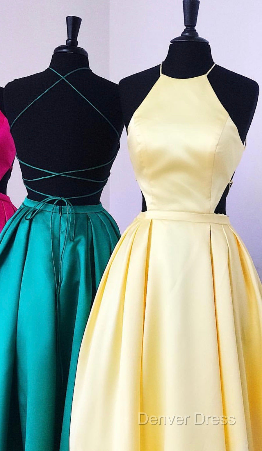 Halter Prom Long Satin Gown Dresses Lace Up Back