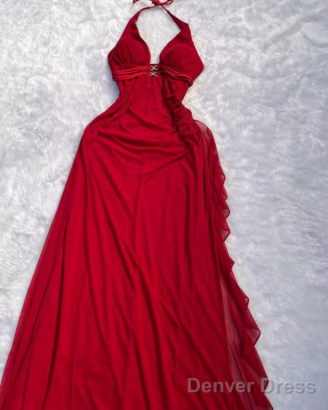 Halter Red A Line Long Prom Dresses Ruffled Evening Dresses Main image