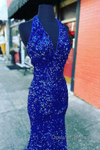 Halter Royal Blue Sequin Evening Dresses Uk Long Prom Dresses