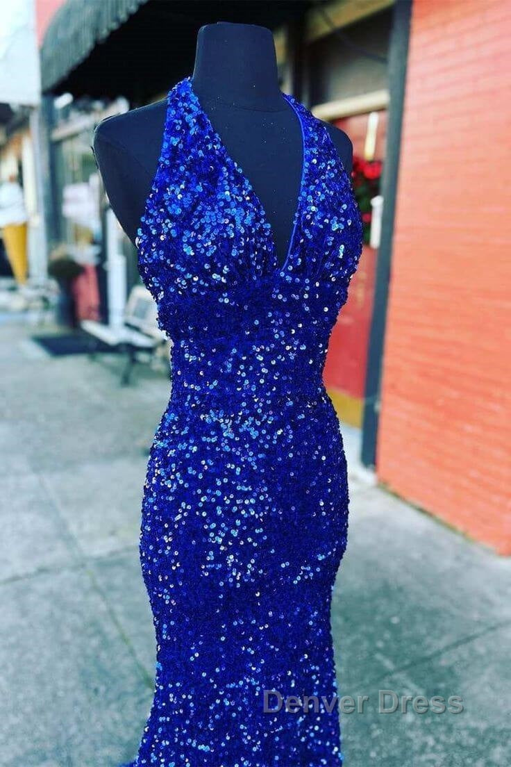 Halter Royal Blue Sequin Evening Dresses Uk Long Prom Dresses