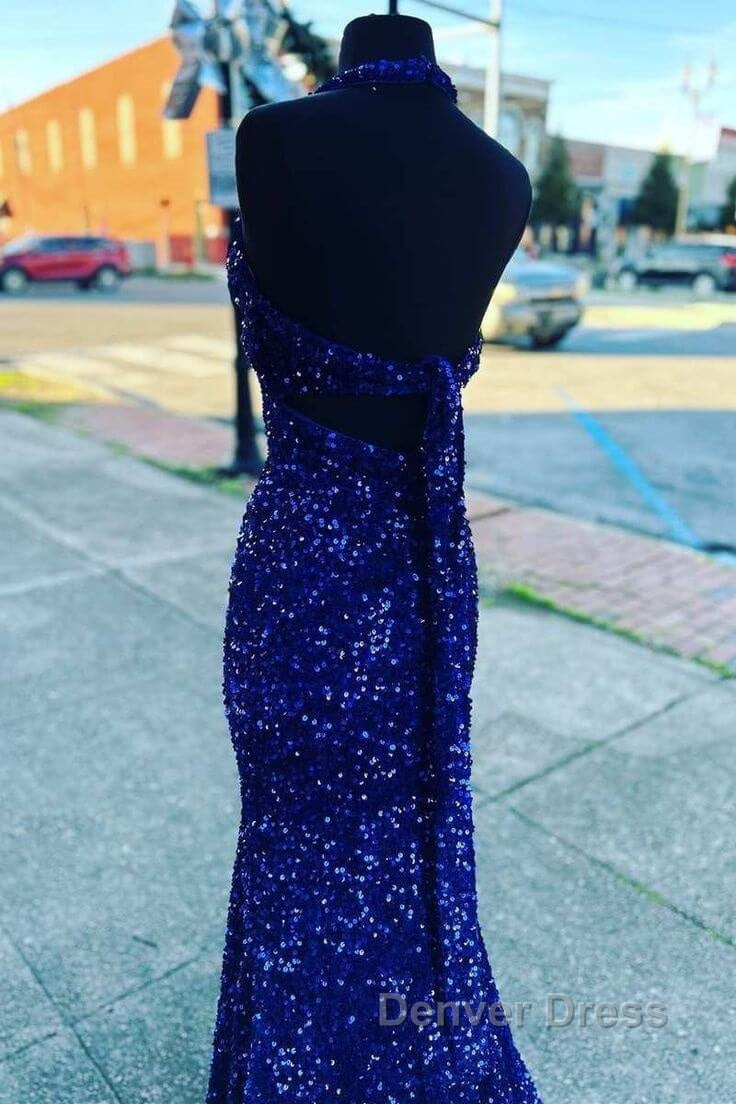 Halter Royal Blue Sequin Evening Dresses Uk Long Prom Dresses