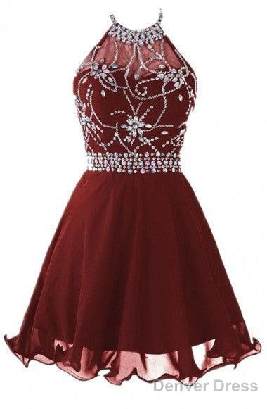 Halter Short Backless Chiffon Brown Homecoming Dresses With Beading