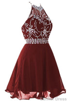 Halter Short Backless Chiffon Brown Homecoming Dresses With Beading