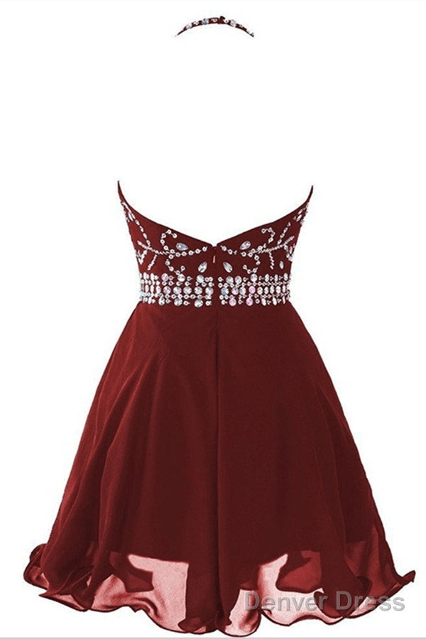 Halter Short Backless Chiffon Brown Homecoming Dresses With Beading