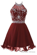 Halter Short Backless Chiffon Brown Homecoming Dresses With Beading