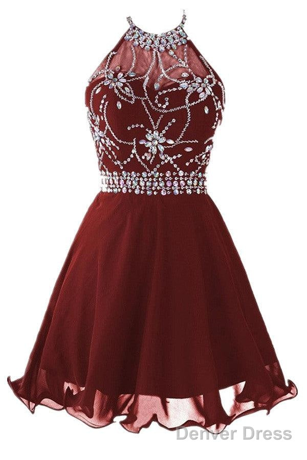 Halter Short Backless Chiffon Brown Homecoming Dresses With Beading