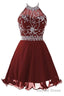 Halter Short Backless Chiffon Brown Homecoming Dresses With Beading