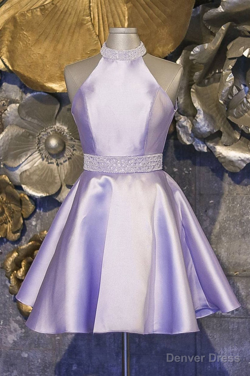 Halter Short Lavender A Line Satin Homecoming Dresses with Beading Main image