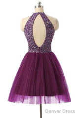 Halter Sleeveless Short Purple Homecoming Dresses Prom Dresses