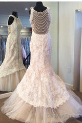 Halter Top Long Lace Mermaid Wedding Dresses Unique Pearl Back