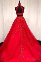 Halter Two Piece Tulle Red Long Prom Dresses With Beaded Appliques