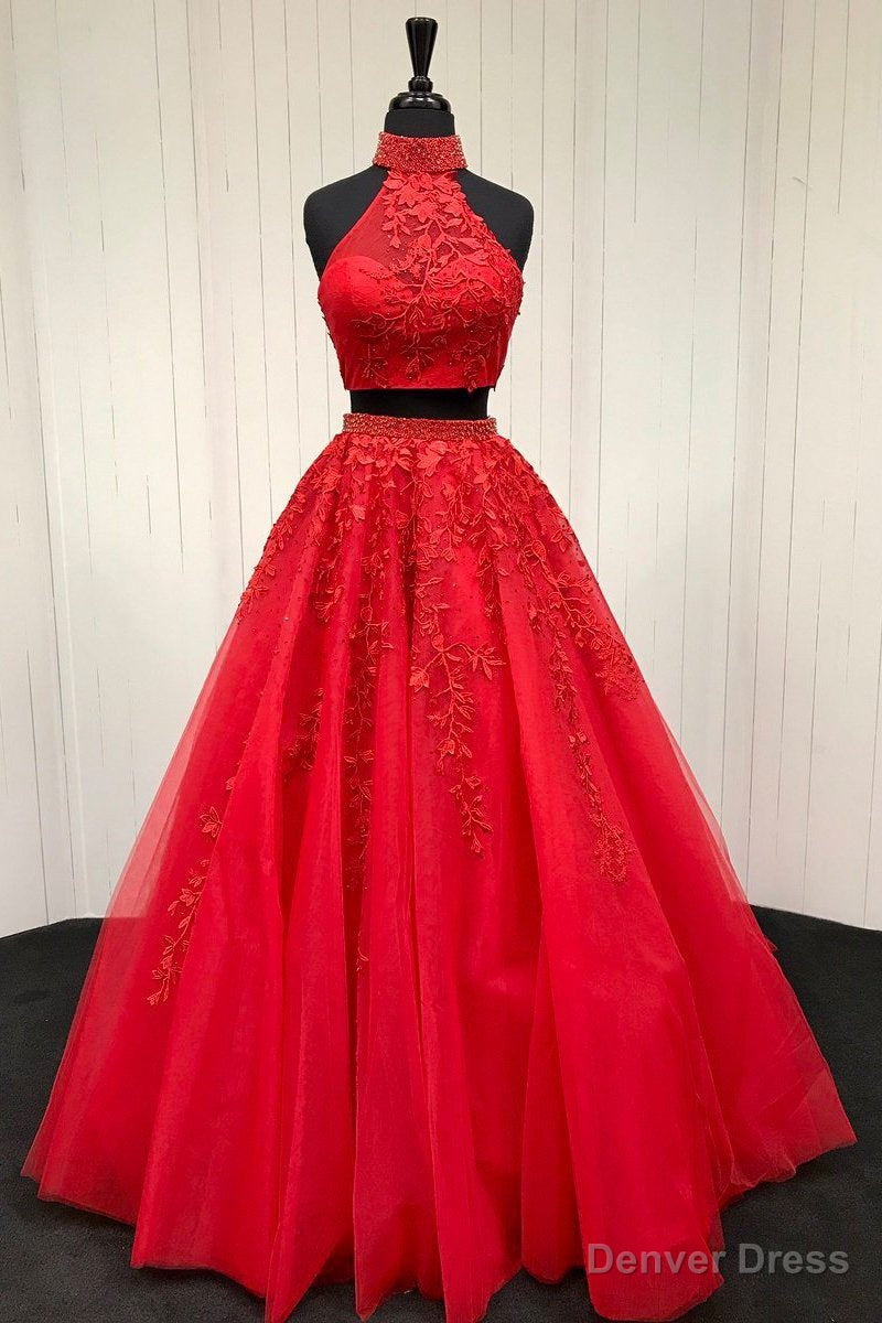 Halter Two Piece Tulle Red Long Prom Dresses With Beaded Appliques