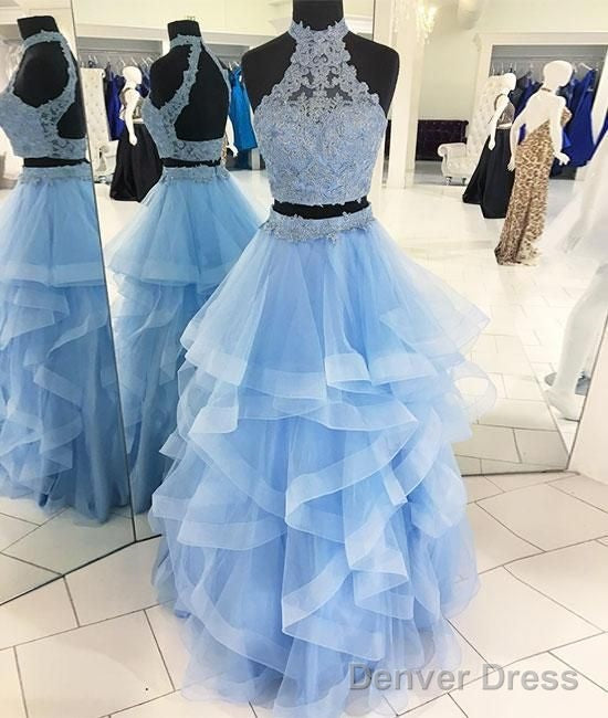 Halter Two Pieces Prom Dress Blue Tulle Lace Long Formal Dress Secondary image
