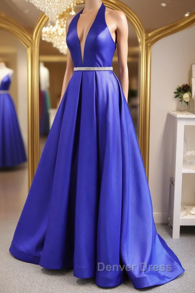 Halter V Neck Backless Blue Long Prom Dress with Belt, Backless Blue Prom Dresses