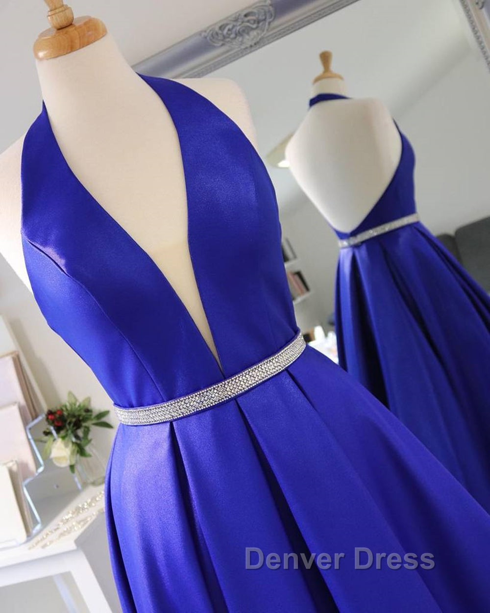 Halter V Neck Backless Blue Long Prom Dress with Belt, Backless Blue Prom Dresses Secondary image