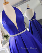 Halter V Neck Backless Blue Long Prom Dress with Belt, Backless Blue Prom Dresses