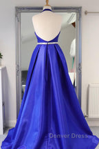 Halter V Neck Backless Blue Long Prom Dress with Belt, Backless Blue Prom Dresses