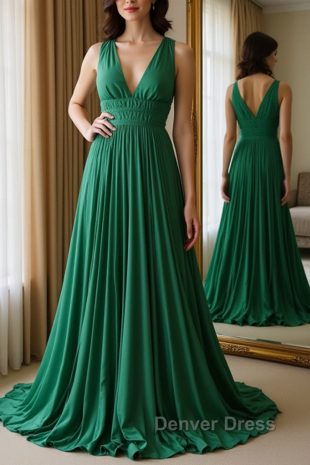 Halter V Neck Backless Emerald Green Satin Long Prom Dress, Backless Emerald Green Prom Graduation Prom Dresses