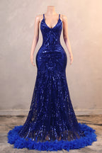 Halter V-Neck Royal Blue Sequin Sparkle Feathers Prom Dresses