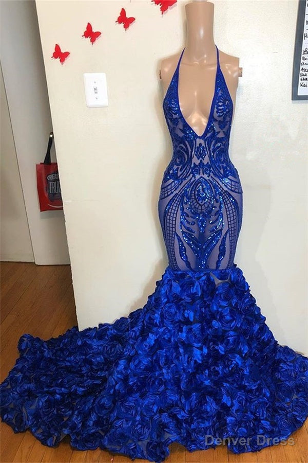 Halter V Neck Sequins Flower Button Mermaid Prom Dresses