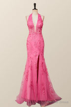 Halter Fuchsia Yellow Lace Mermaid Prom Dresses