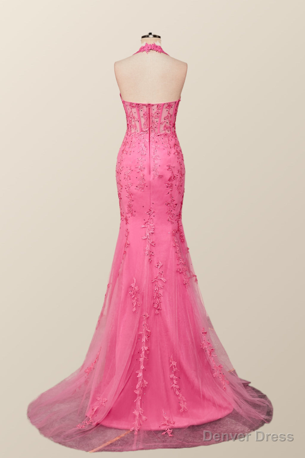 Halter Fuchsia Yellow Lace Mermaid Prom Dresses