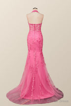 Halter Fuchsia Yellow Lace Mermaid Prom Dresses