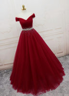 Handmade A Line Prom Dress , Off Shoulder Wine Red Prom Dresses