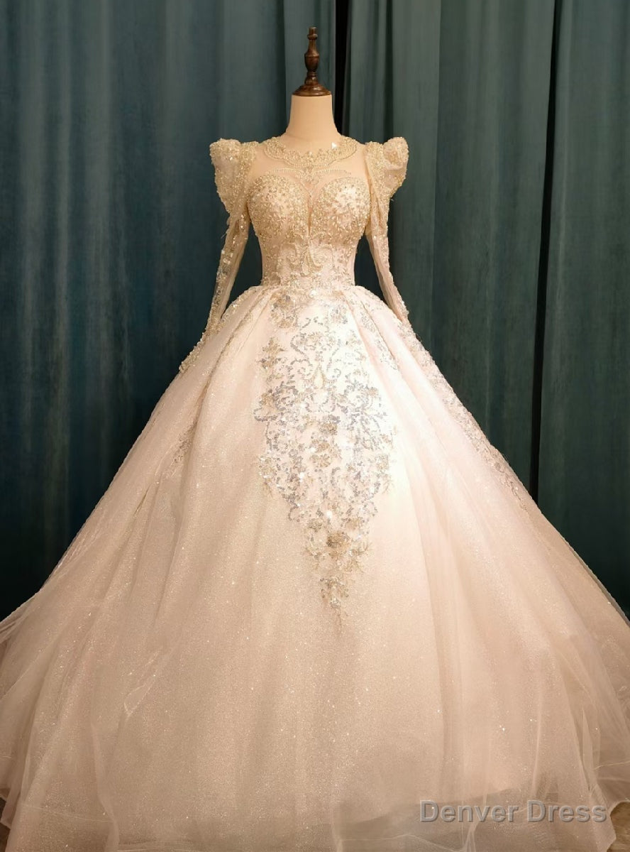 Heavy Beading Long Sleeve Beading Pearls Wedding Dress Main image