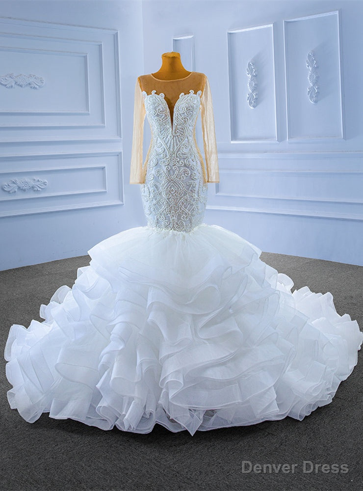 Heavy Beading White Mermaid Long Sleeve Wedding Dress Main image