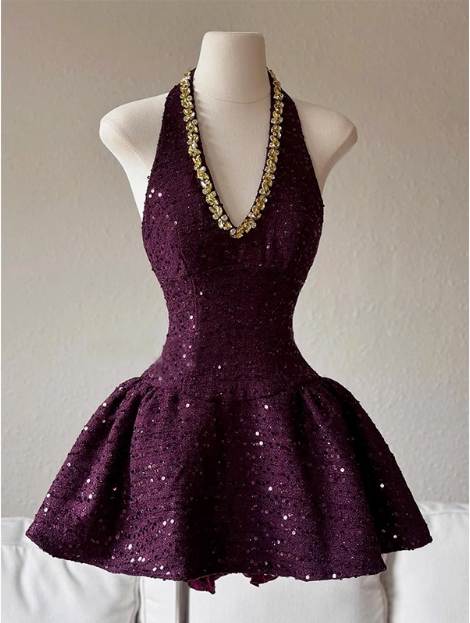 Heavy Diamond Purple Sequined Halter Neck A-Line 19Th Birthday Homecoming Dresses Secondary image