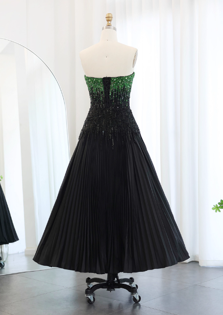 High-End Black And Green Color-Block A-Line Strapless Sequin Satin Long Prom Dresses Evening Dresses Secondary image