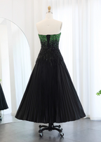 High-End Black And Green Color-Block A-Line Strapless Sequin Satin Long Prom Dresses Evening Dresses