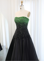 High-End Black And Green Color-Block A-Line Strapless Sequin Satin Long Prom Dresses Evening Dresses