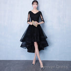 High Low Black V-Neckline Short Sleeves Homecoming Dress, Black Prom Dress