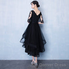 High Low Black V-Neckline Short Sleeves Homecoming Dress, Black Prom Dress