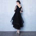 High Low Black V-Neckline Short Sleeves Homecoming Dress, Black Prom Dresses