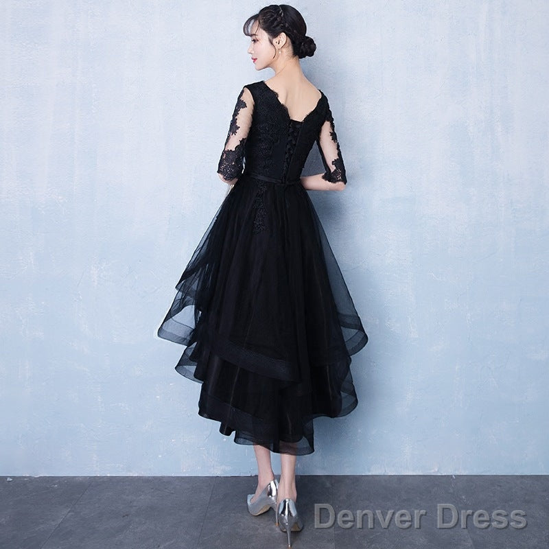 High Low Black V-Neckline Short Sleeves Homecoming Dress, Black Prom Dresses