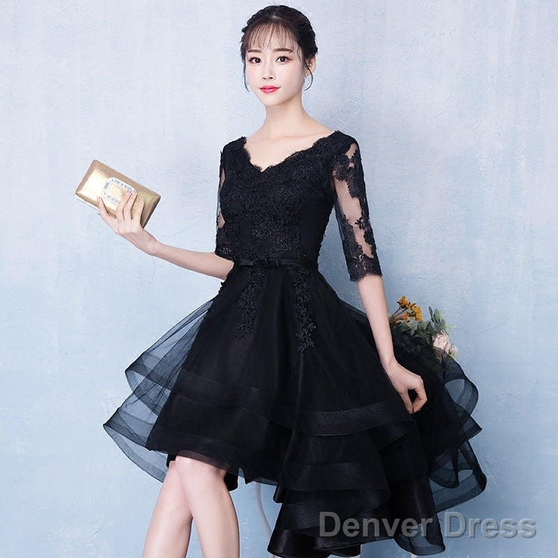 High Low Black V-Neckline Short Sleeves Homecoming Dress, Black Prom Dresses