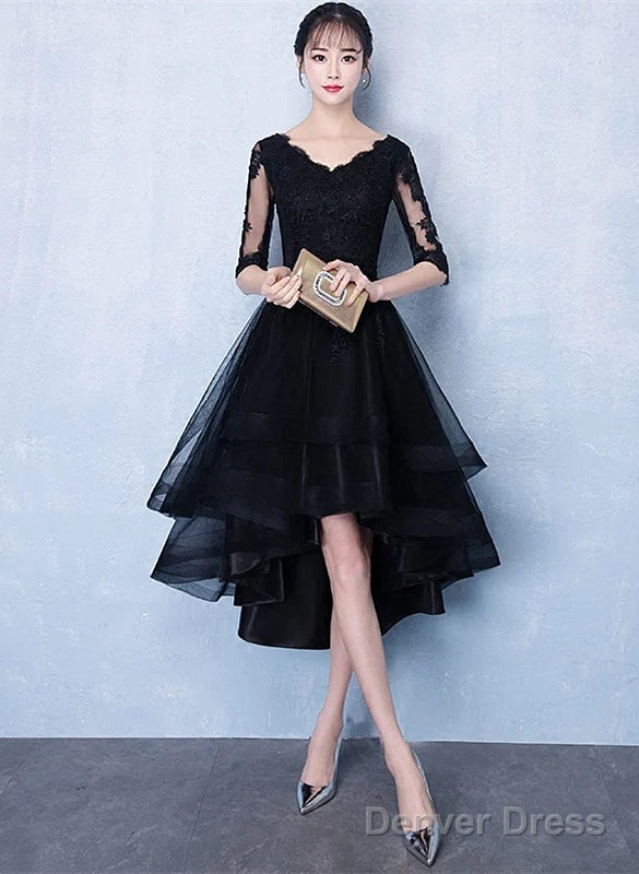 High Low Black V-Neckline Short Sleeves Homecoming Dress, Black Prom Dress Main image