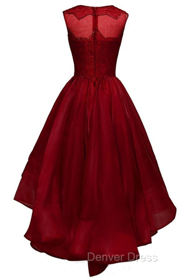 High Low Burgundy Organza Homecoming Dresses Beading