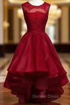 High Low Burgundy Organza Homecoming Dresses Beading
