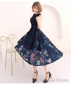 High Low Navy Blue Lace Bridesmaid Dress, Round Neckline Prom Dresses