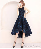 High Low Navy Blue Lace Bridesmaid Dress, Round Neckline Prom Dresses