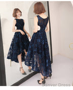 High Low Navy Blue Lace Bridesmaid Dress, Round Neckline Prom Dresses
