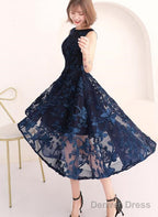 High Low Navy Blue Lace Bridesmaid Dress, Round Neckline Prom Dresses