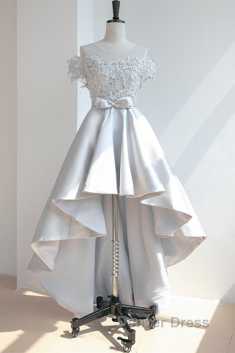 High Low Off Shoulder Gray Lace Prom Dress, Off the Shoulder Gray Homecoming Dress, Gray Lace Prom Dresses