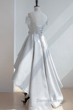 High Low Off Shoulder Gray Lace Prom Dress, Off the Shoulder Gray Homecoming Dress, Gray Lace Prom Dresses